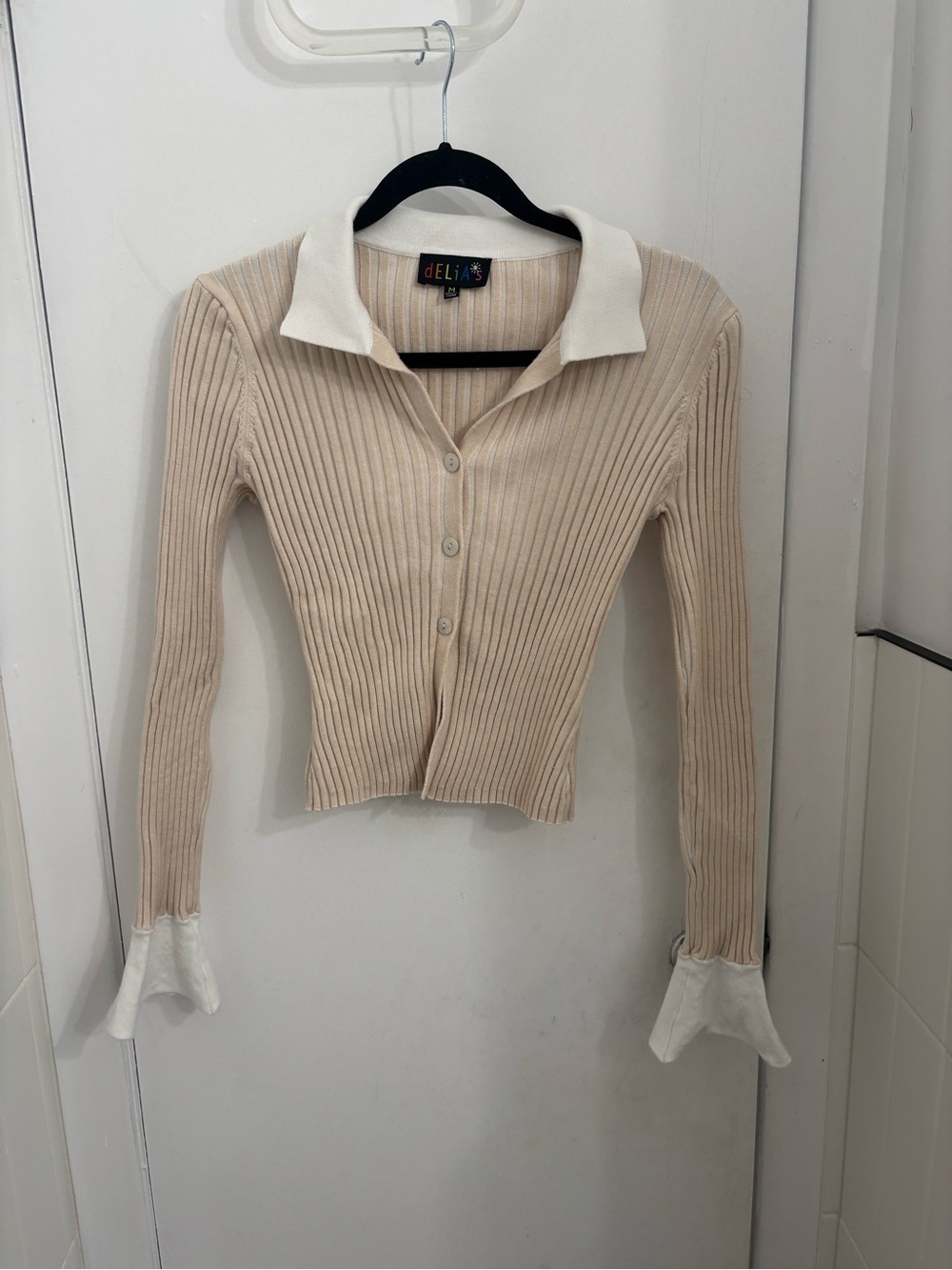 dELiA*s Cream Ribbed Button-Front Knit Top with White Collar & Cuffs